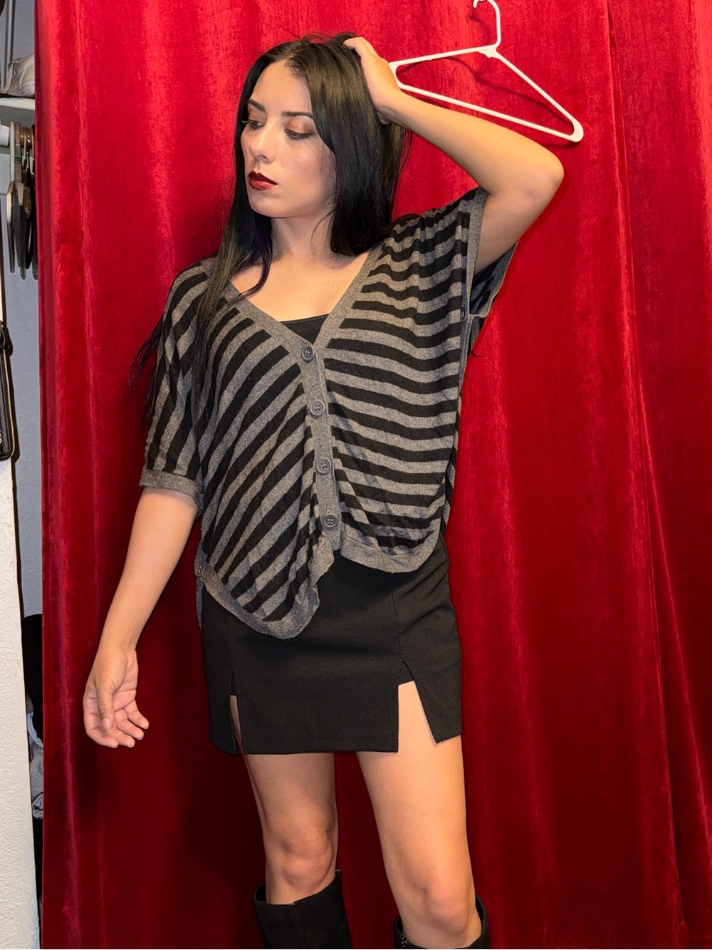 Bar III Gray & Black Striped Button-Front Slouchy Cardigan